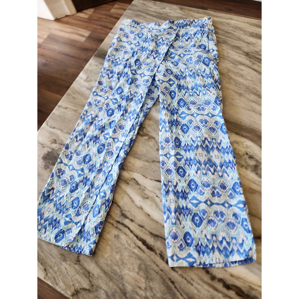 Island Collection Stella Parker Blue Ikat Cotton Linen Wide Leg Pants Womens M